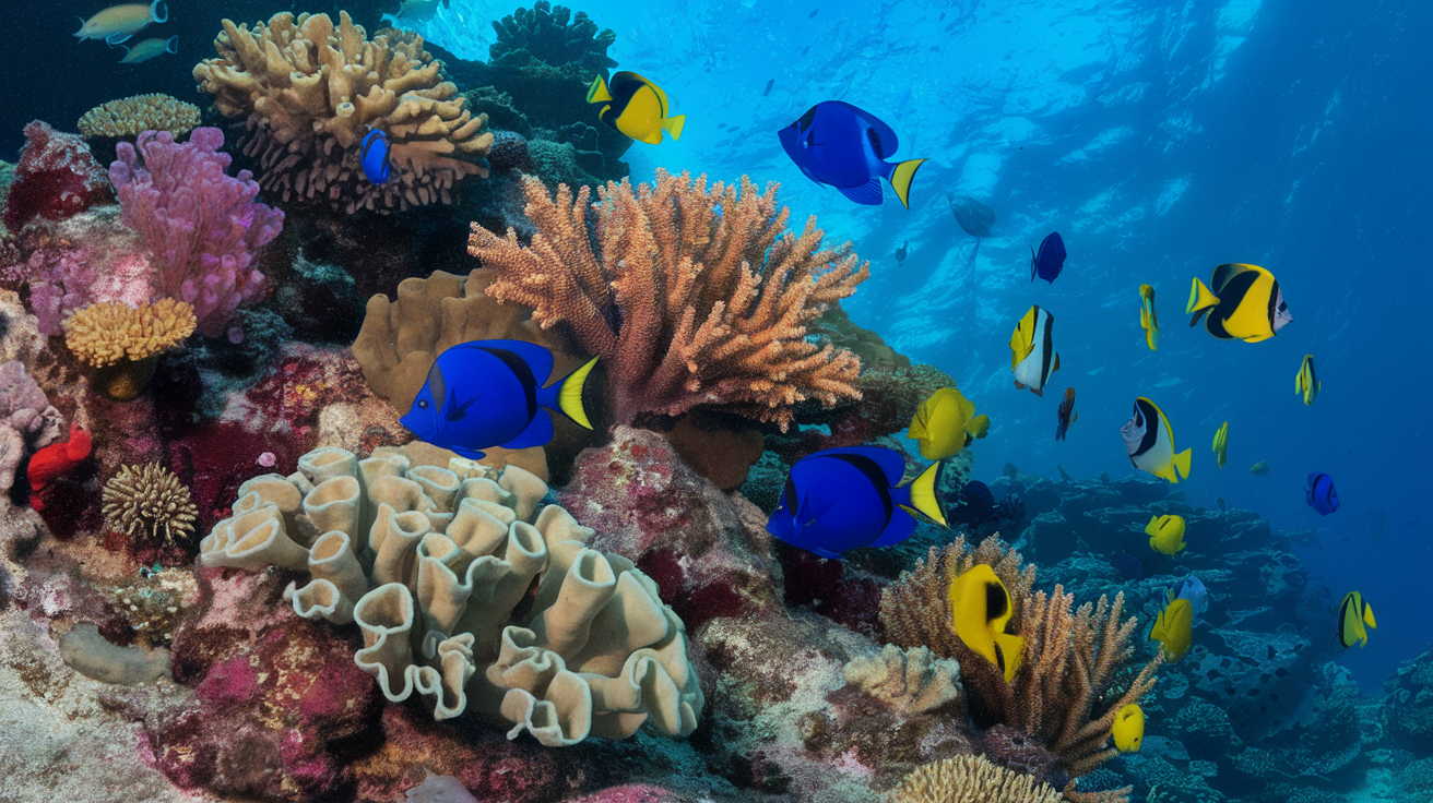 Underwater scene of colorful coral reefs with various tropical fish in Barbados