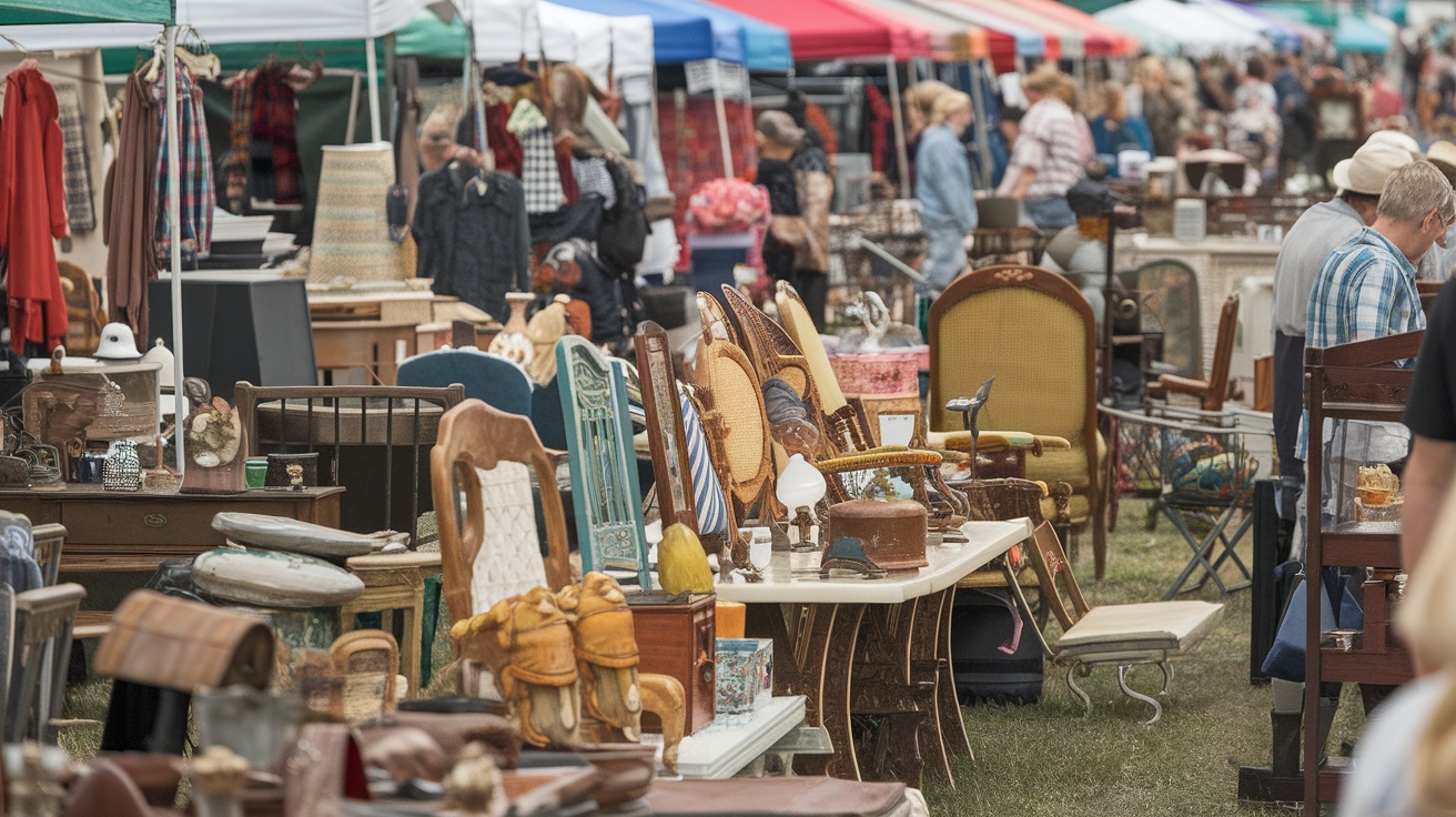 A busy scene at Brimfield Antique Flea Market with vendors and shoppers exploring tents filled with antiques.