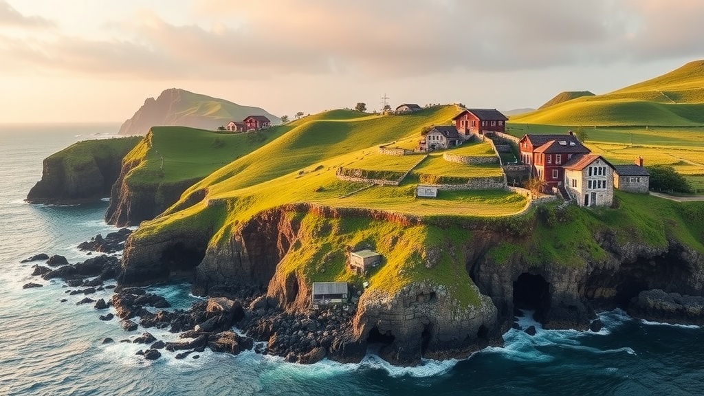 A serene landscape of Batanes, Philippines, showcasing rolling hills and quaint houses.