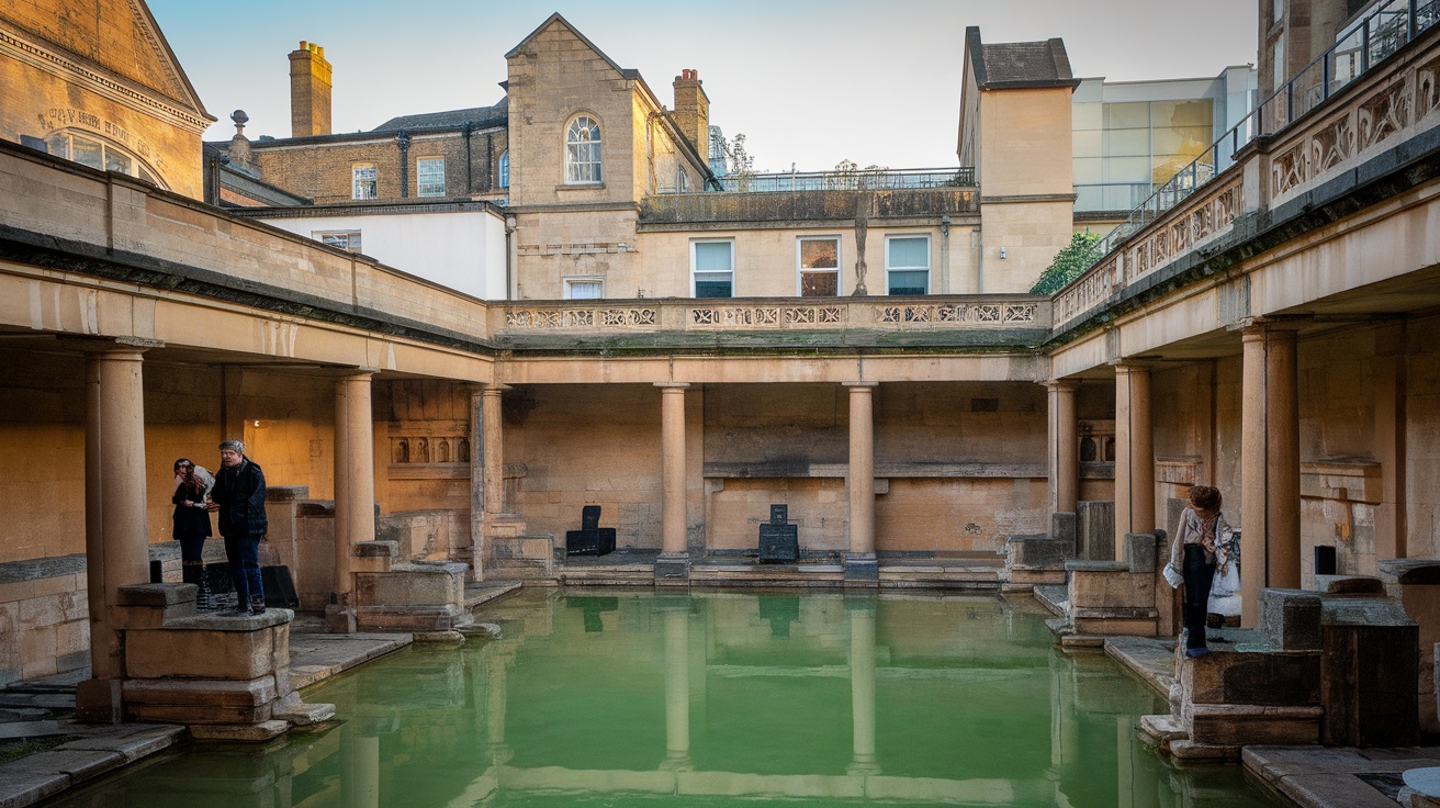 Interior view of the Roman Baths in Bath, UK, featuring ancient columns and a green water pool with visitors.