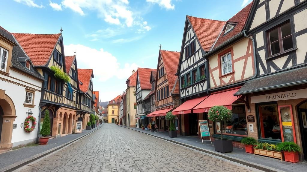 A picturesque street in Rothenburg ob der Tauber with medieval buildings and cobblestones.