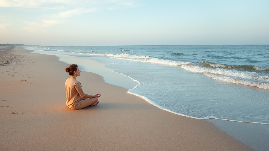 A person meditating on a beach with gentle waves and a clear sky.