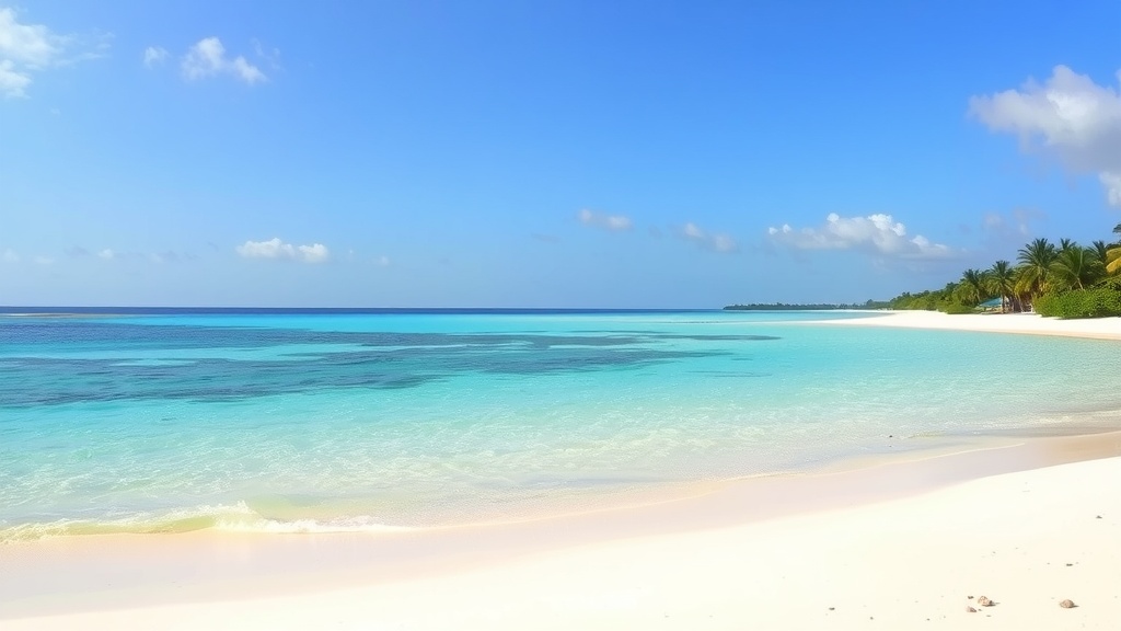 Scenic view of a beach in the Bahamas with clear blue water and white sand.