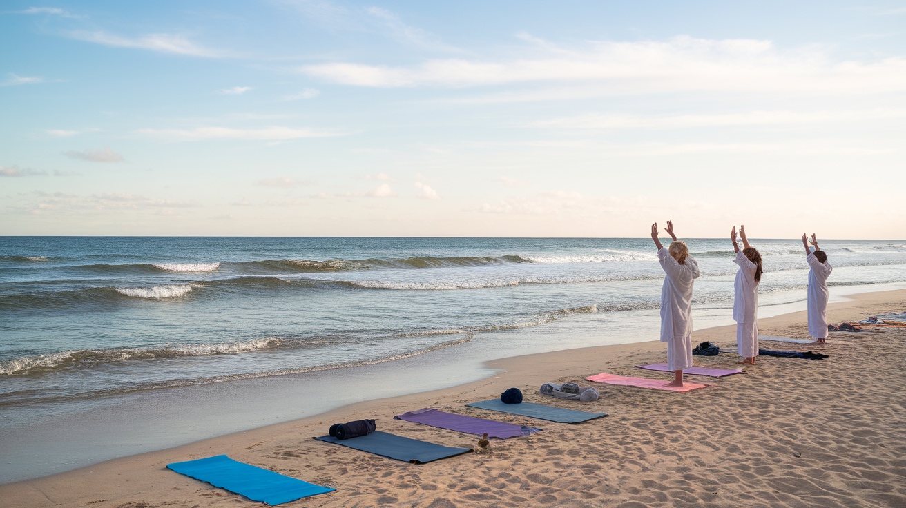 People practicing yoga on a beach at sunset, with mats and towels laid out on the sand.