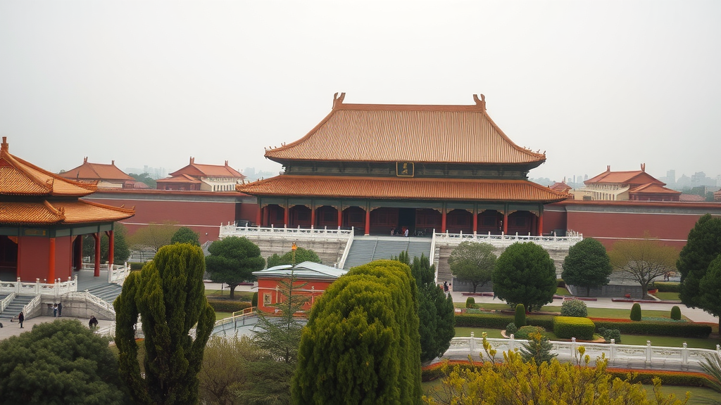 View of the Forbidden City in Beijing, showcasing traditional Chinese architecture and lush gardens.