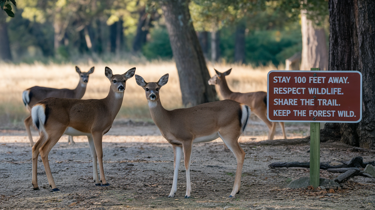 A scenic view with deer grazing near a sign that advises keeping a safe distance from wildlife.