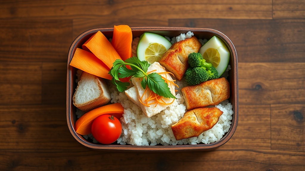 A beautifully arranged bento box with rice, vegetables, and protein.