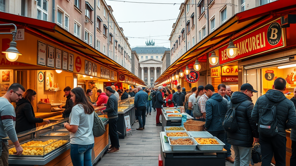 A busy street food market in Berlin with stalls serving diverse foods.