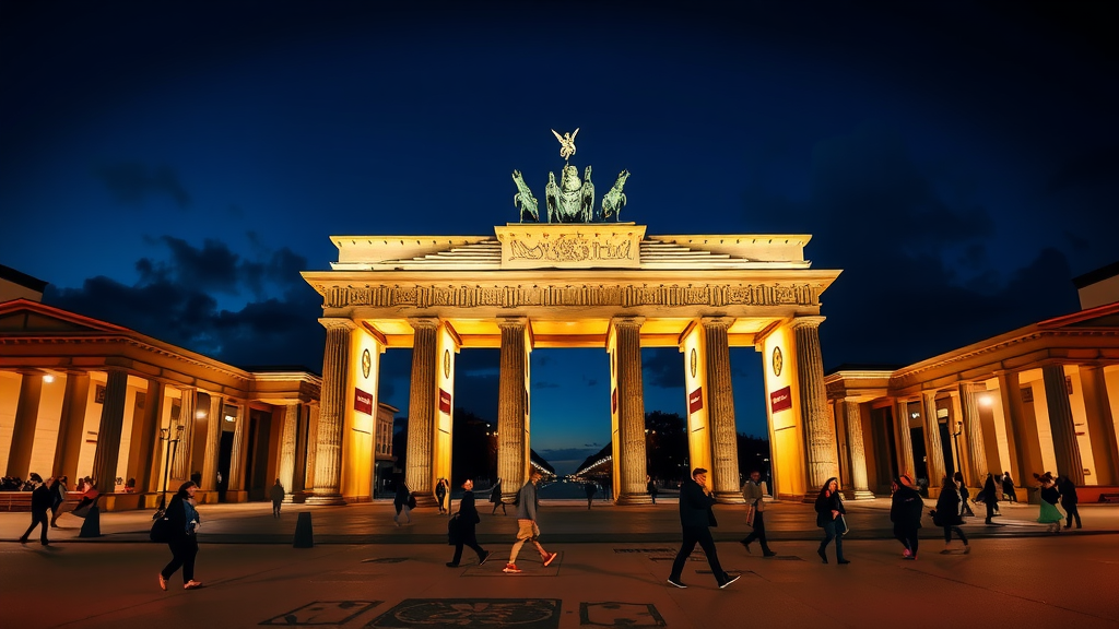 Brandenburg Gate illuminated at night with people walking by