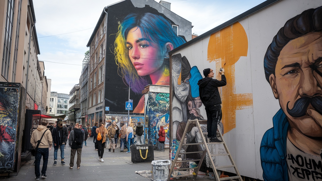 A vibrant street scene in Berlin featuring artists and colorful murals.