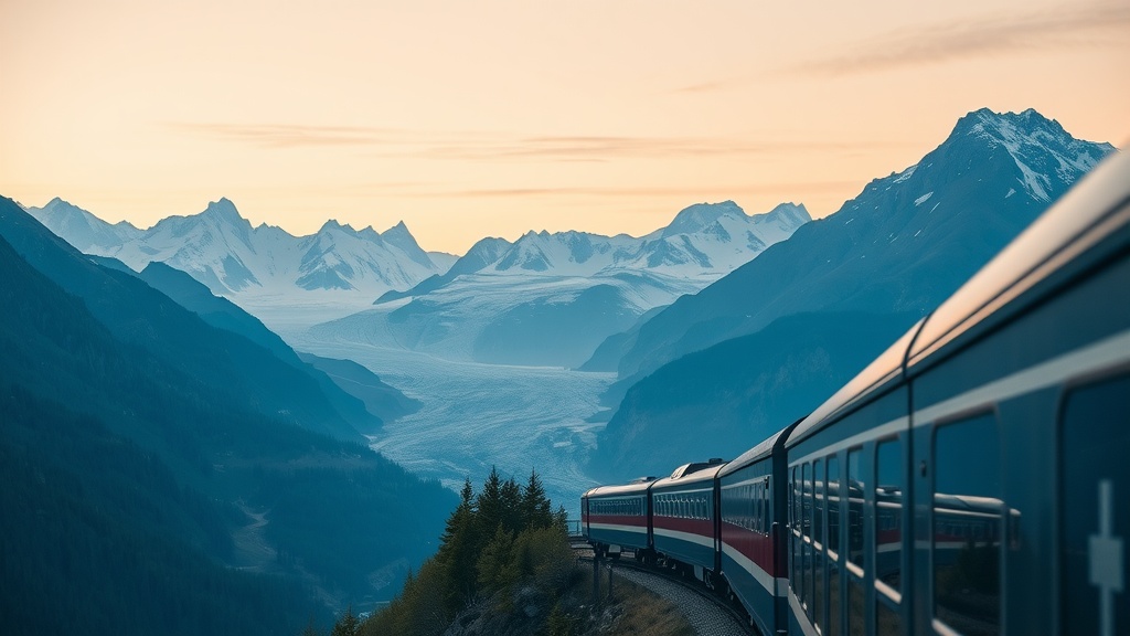 Train traveling through the Swiss Alps during sunset.