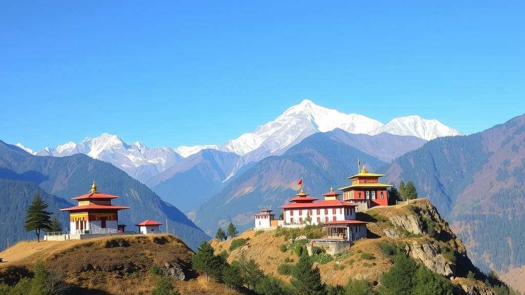 Scenic view of Bhutan's mountainous landscape with colorful temples.