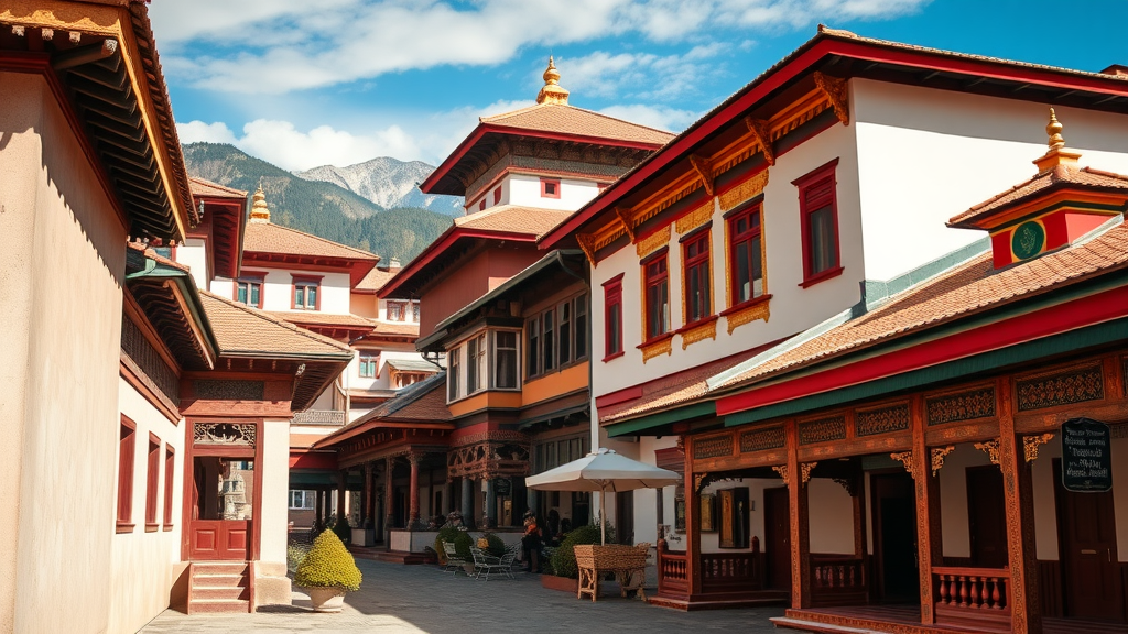 Colorful traditional buildings in Bhutan with stunning architecture.