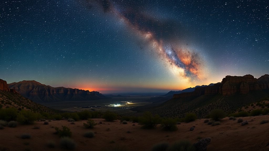 A panoramic view of a starry sky over Big Bend National Park with the Milky Way visible.