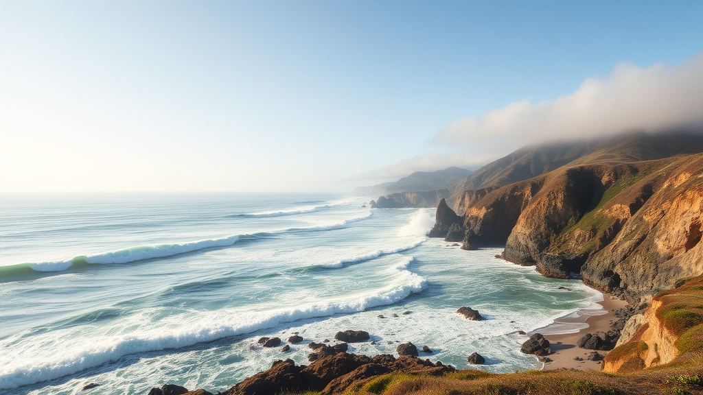 A breathtaking view of Big Sur's dramatic coastline with waves crashing against rocky cliffs.