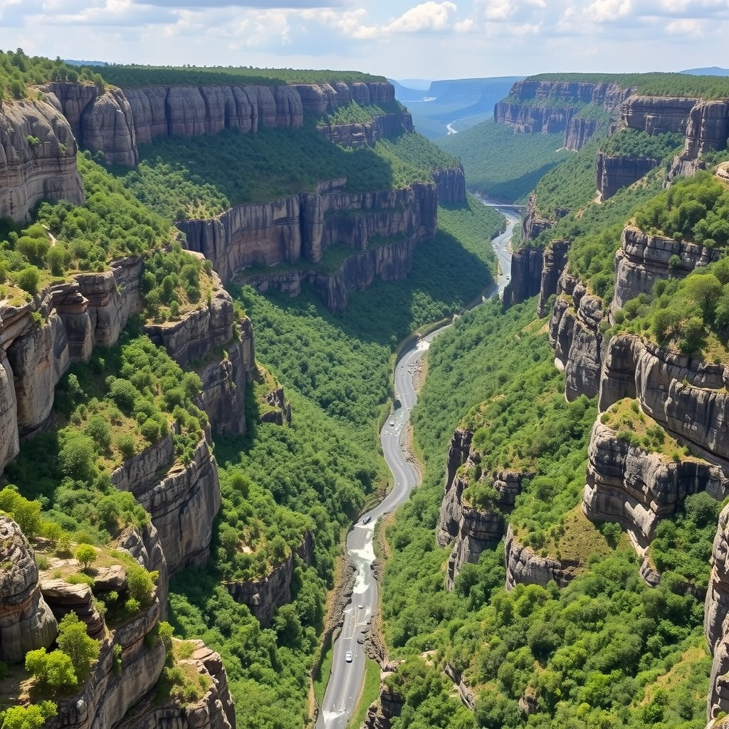 Aerial view of Blyde River Canyon showcasing steep cliffs and winding river surrounded by greenery.