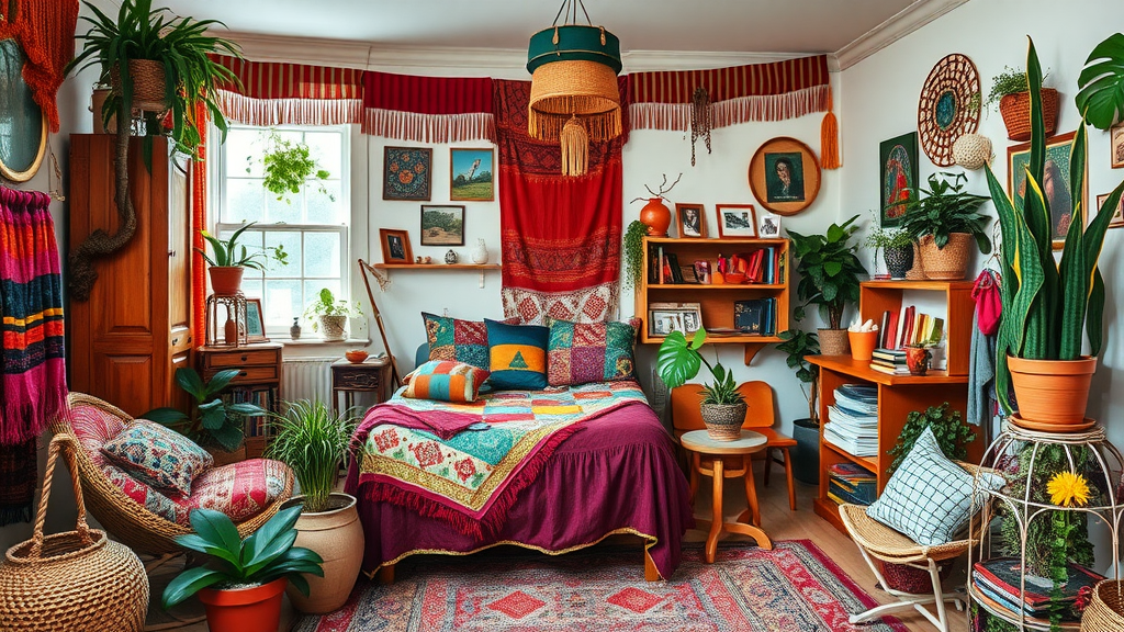 A colorful bohemian bedroom with vibrant textiles, plants, and unique decor.