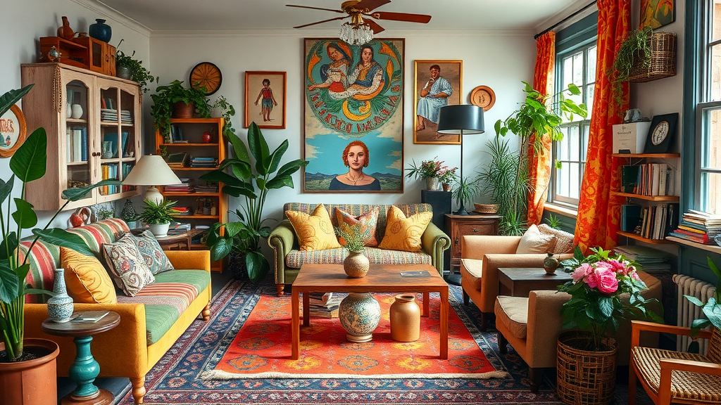 A colorful bohemian style living room with eclectic furniture and vibrant plants.