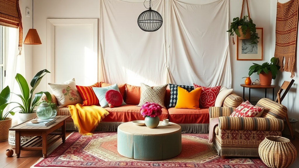 A vibrant boho-chic living room featuring layered textures, colorful cushions, and indoor plants.