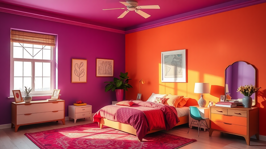 A stylish bedroom with vibrant orange and purple walls, featuring modern furniture and decor.