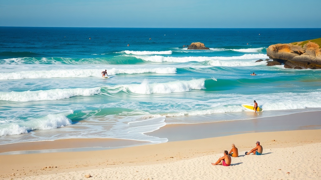 A sunny day at Bondi Beach with surfers in the water and people relaxing on the sand.