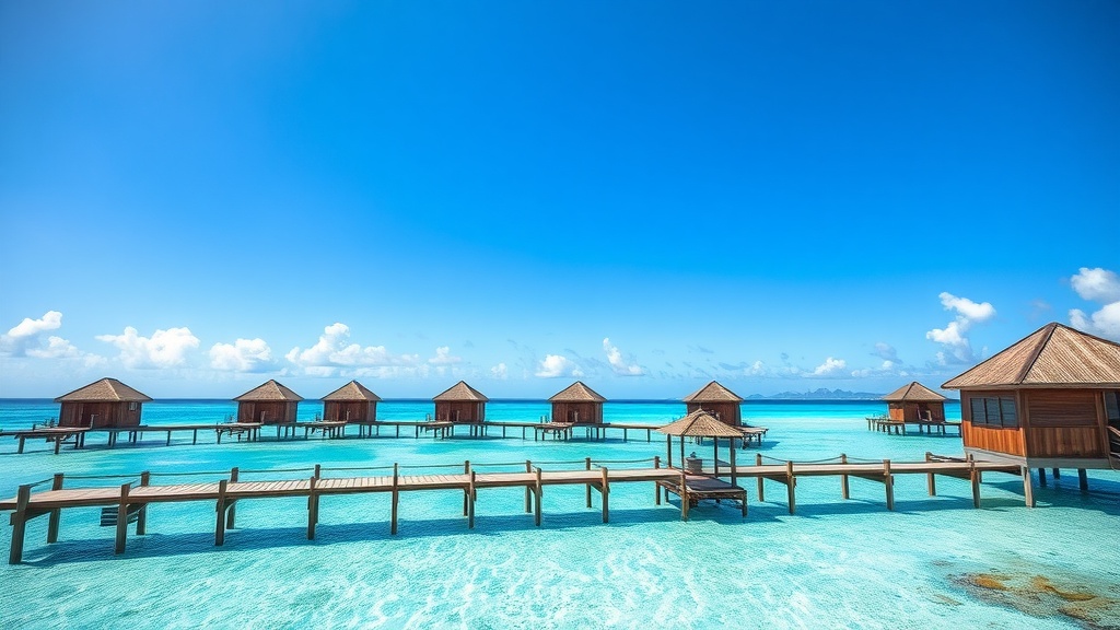 A picturesque view of overwater bungalows in Bora Bora with clear blue waters and a bright sky.