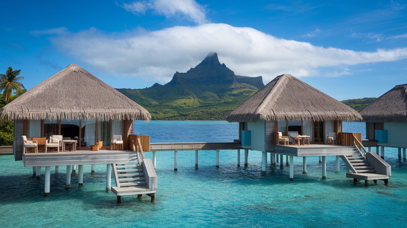 Overwater bungalows in Bora Bora with a mountain backdrop