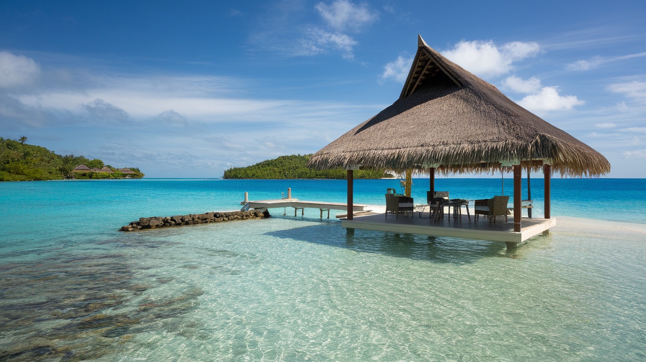 A private overwater bungalow in Bora Bora, surrounded by turquoise waters and greenery.