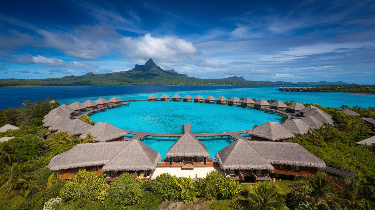 Aerial view of Bora Bora showcasing turquoise waters and overwater bungalows