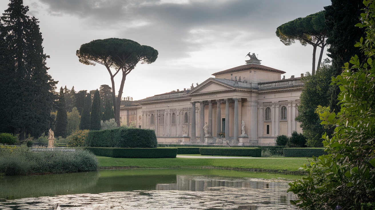 Exterior view of the Borghese Gallery surrounded by lush gardens and trees.