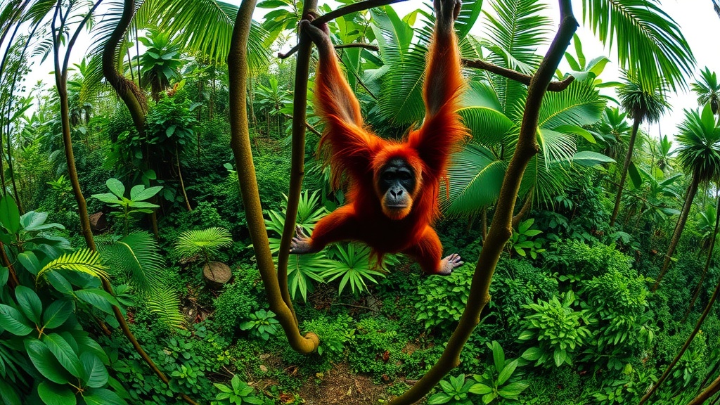 Orangutans swinging in the Borneo Rainforest with lush greenery around