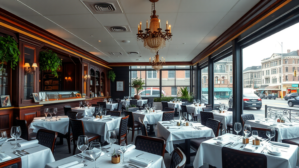 Interior of a fine dining restaurant in Boston with tables set for guests.