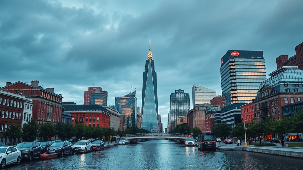 A street view of Boston showcasing historic buildings and modern architecture.