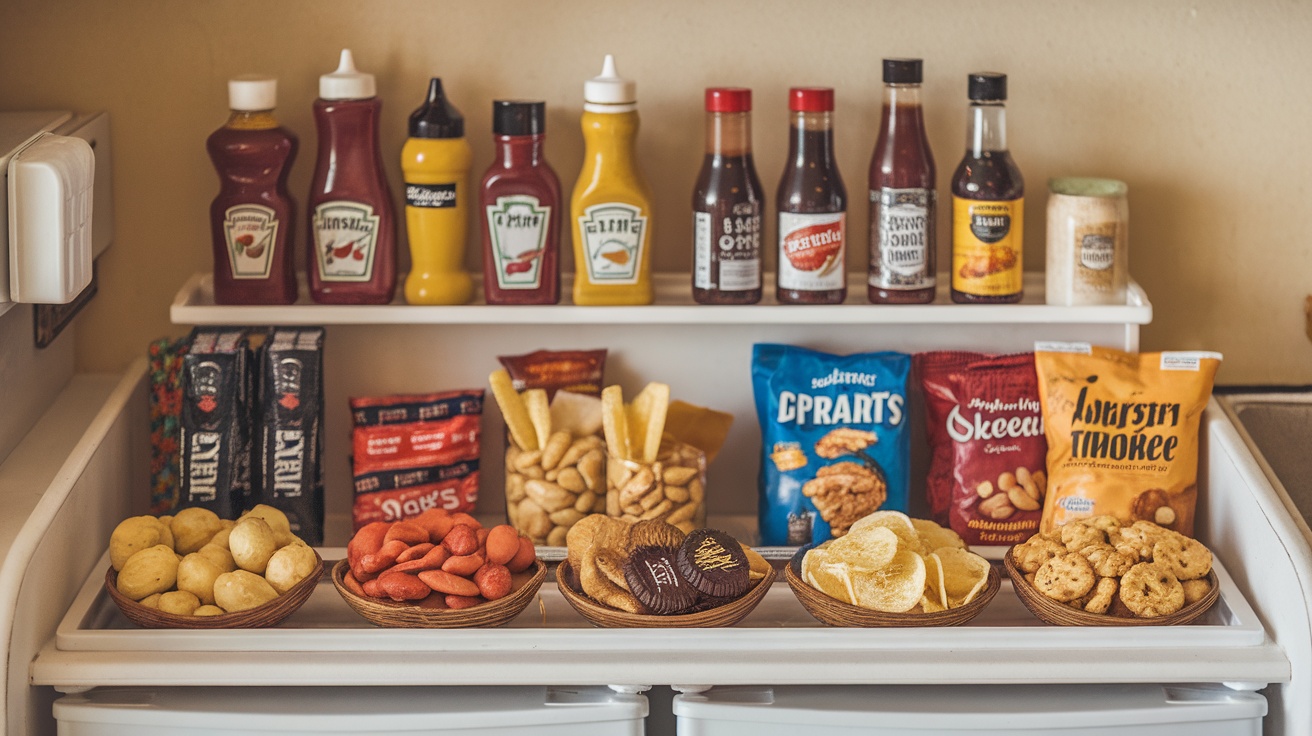 Mini bar shelves filled with various bottled condiments and snacks.