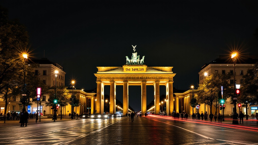 The Brandenburg Gate illuminated at night in Berlin, Germany