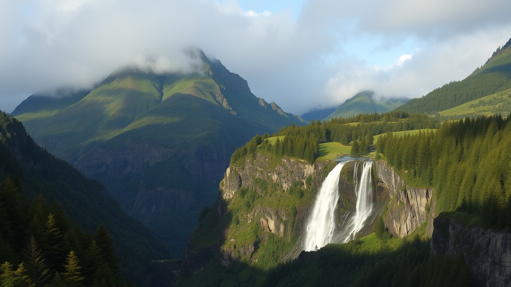 A breathtaking view of Fiordland National Park featuring mountains, lush forests, and a waterfall.