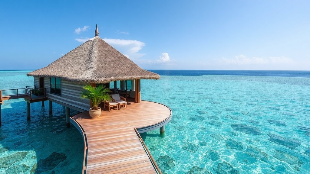 A beautiful overwater bungalow surrounded by clear blue water and a sunny sky.