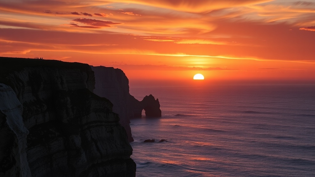 A beautiful sunset over the ocean at Cape Sagres, Portugal, with vibrant colors lighting up the sky.