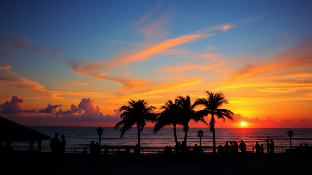 A stunning sunset at Key West with palm trees silhouetted against a colorful sky.