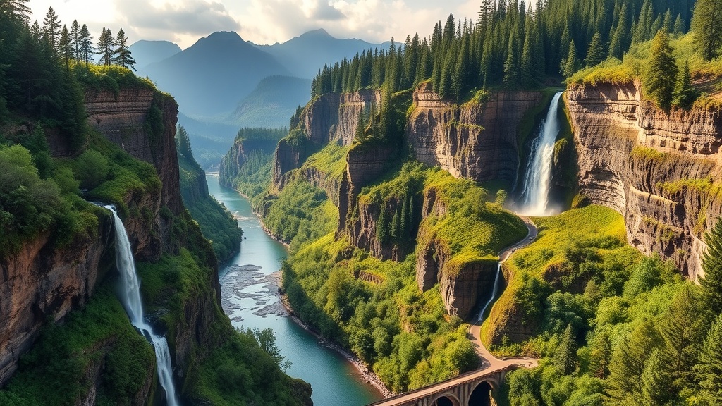 A breathtaking view of the Columbia River Gorge showcasing waterfalls and lush greenery.