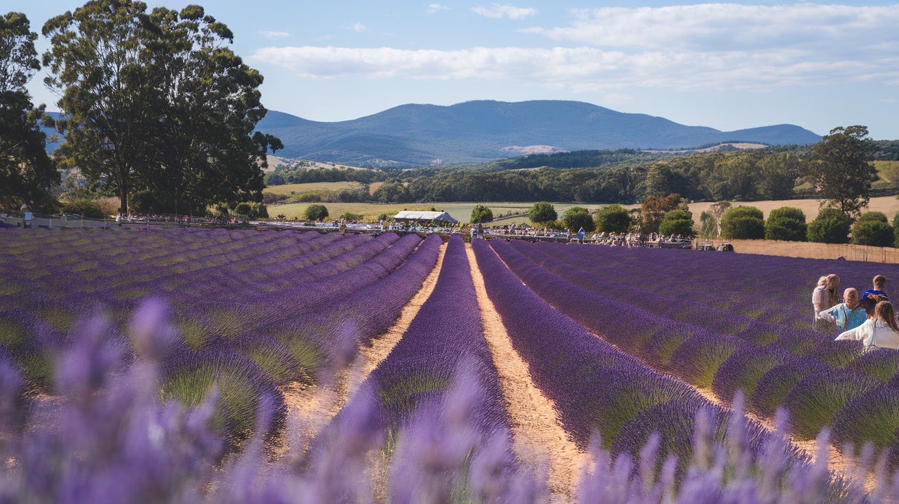 Lavender fields at Bridestowe Lavender Estate with people enjoying the scenery and mountains in the background.