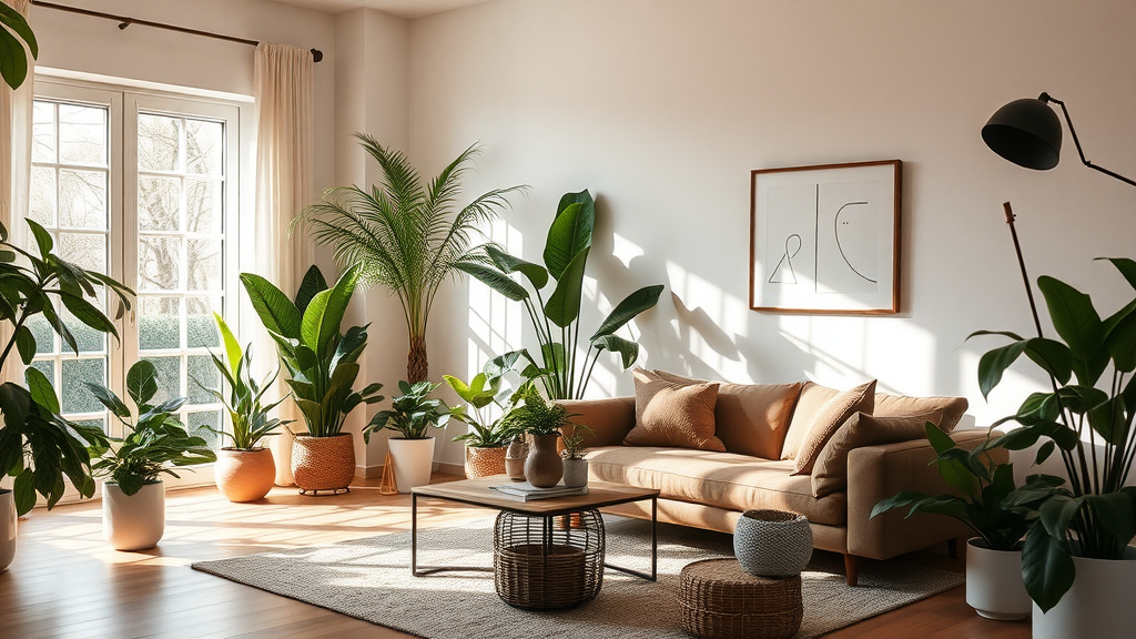 A stylish living room with various indoor plants, bright sunlight, and a cozy sofa.