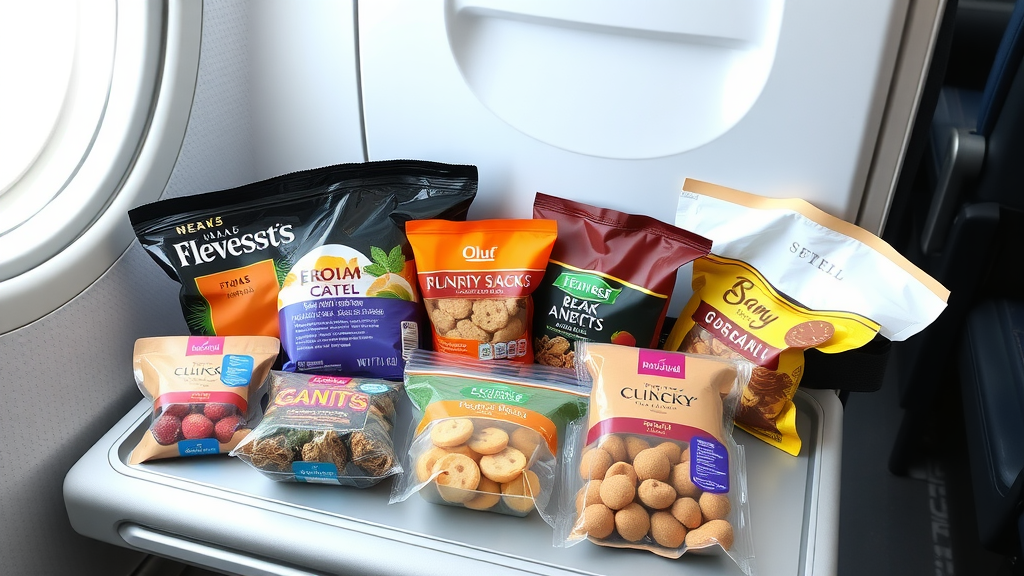 A collection of various snack bags placed on an airplane tray table next to a window.