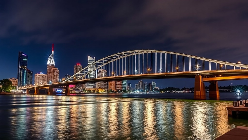 Night view of Brisbane's Story Bridge with city skyline and reflections on the water