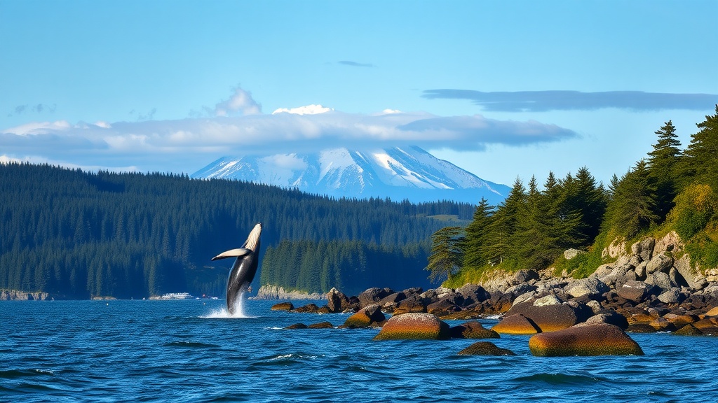 A whale breaching in the waters near Vancouver Island, surrounded by lush trees and rocky shorelines.