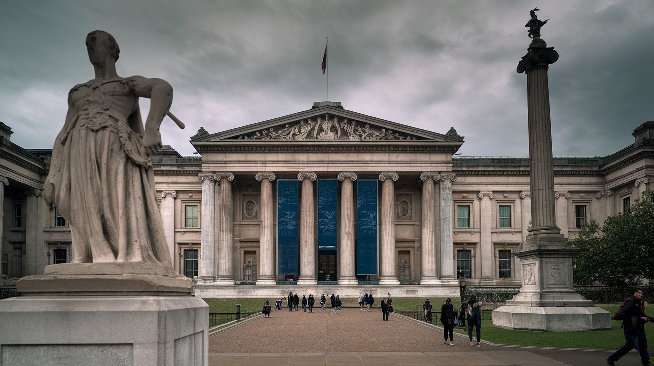 Facade of the British Museum with people walking in front of it.