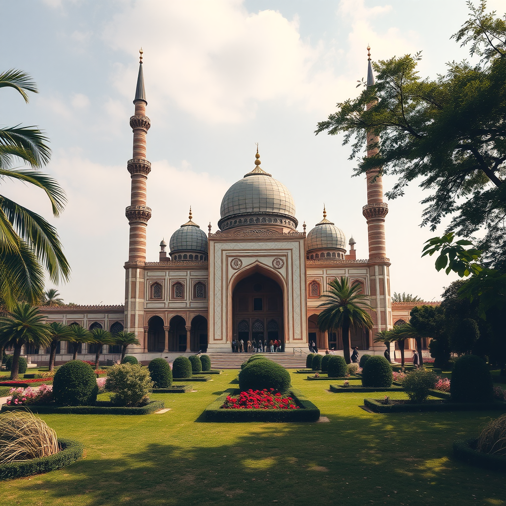 A grand mosque with domes and minarets surrounded by lush gardens.