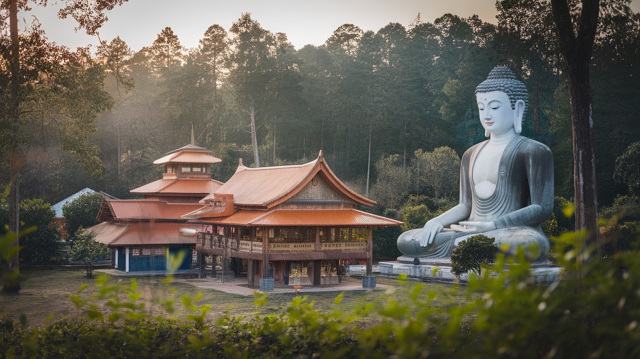 A serene view of Buddha's Temple featuring a large statue of Buddha and traditional architecture.