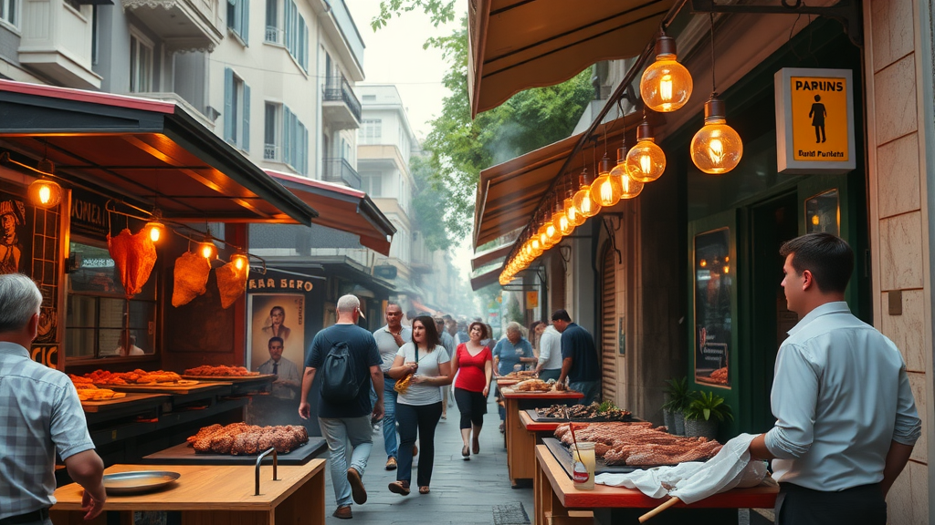 A bustling street in Buenos Aires with vendors selling grilled meat and people walking by.