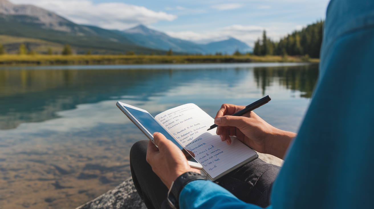 A person sitting by a lake with a tablet and a notebook, planning travel routes.